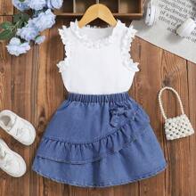 Girls' Summer Floral Trim Camisole Top + Skirt With Bow Ruffle Layered 2 Pieces Set, Girls' Casual Holiday Outfit