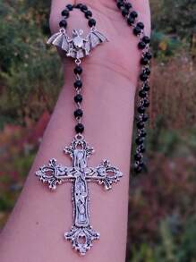 1 pièce Collier de chapelet fait main, perles de prière, pendentif croix traditionnel, charme de chauve-souris de sorcier, bijoux gothiques d'Halloween