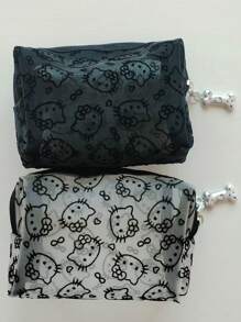 Sanrio 1pc Kitty Flocked & Mesh Portable Cosmetic Bag, Large Capacity Makeup Storage Pouch, Practical For Outdoor Use