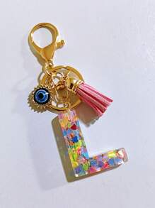 1 pieza Llavero con inicial de alfabeto, llavero de pompón de peluche lindo, accesorio colgante para bolso, mochila, coche, mujer y niña. Llavero de resina con lentejuelas, accesorios para billetera y bolso, llavero con borlas, inicial de alfabeto de la A a la Y, accesorios para coche, ideas de regalo de Navidad gótico y Y2K