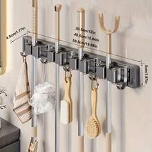 Wall-Mounted Mop Holder, Adjustable 2/3/4 Tiers, Practical Clip Hooks, Space-Saving, Suitable For Brooms, Home, Bathroom, Kitchen Storage And More - Black - View 4
