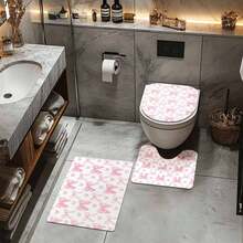 1/4pcs Pink Heart And Bow Themed Polyester Waterproof Bathroom Shower Curtain Set, Decorative, Easy To Clean, With Hooks - Multicolor - View 3