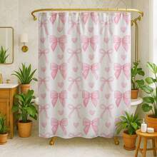 1/4 Pcs Pink Heart & Bow Bathroom Set, Includes Shower Curtain, Bath Mat, U-Shaped Toilet Seat Cover, Toilet Lid Cover, Waterproof, Shower Curtain, Fashion Curtain, Modern Style Bathroom Partition, No Drilling Required, Polyester, Machine Washable Bathroom Decor