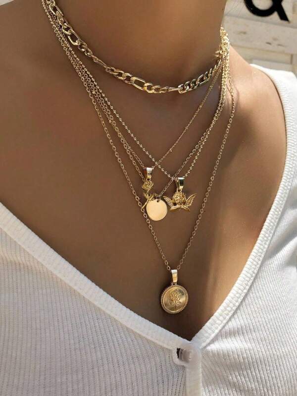 1 szt. Vintage Rose Flower & Angel Multi-Layer Pendant Necklace, Modny asymetryczny prosty warstwowy naszyjnik