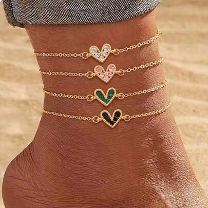 1 pieza Nuevo tobillera de acero inoxidable dorado con cuentas de corazón colorido clásico para mujeres