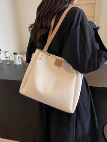 1 件纯色 PU 皮革女士单肩包，休闲缝线大容量托特包，配有可拆卸可调节肩带，拉链开合，适合旅行、购物、约会，以及送给年轻女性、学生和职场女士的礼物。非常适合办公室、学校、工作、通勤、户外、旅行