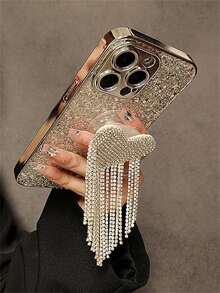 1pc Luxury Electroplated Glitter & Rhinestone Heart Tassel Phone Case, Compatible With IPhone 14 Pro Max/14 Pro/14, 15 Pro Max/15 Pro/15, 13 Pro Max/13 Pro, 11, 12, Suitable For Valentine's Day