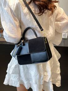 Winter New Fashion Classic Joker Women's Suede Bag, Stitching Fabric Design Burgundy Bag, Letter Pattern Decorative Design Handbag, Square Bag And Shoulder Bag Are All Suitable For Shopping. For Parties And Dates.