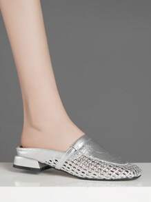 Women Summer Goldtone Slide Sandals / Hollow Breathable Flat Slip-On / Women Woven Silver Flat Sandals