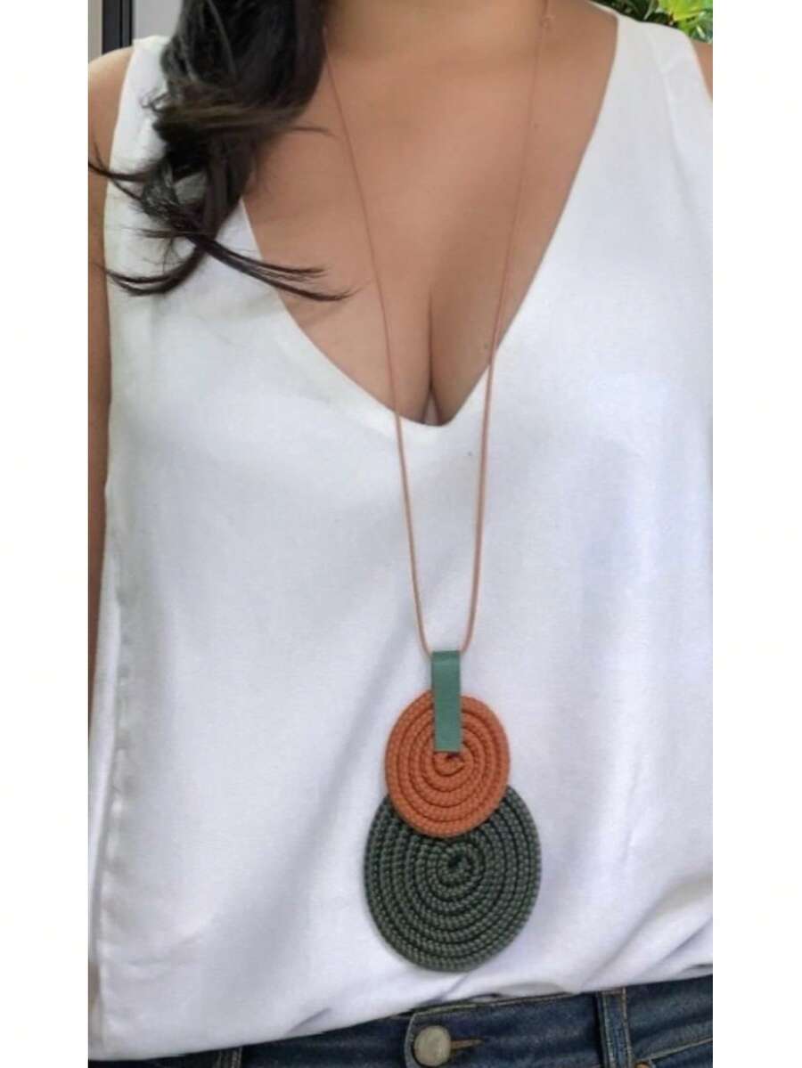 Women's Long Necklace Color Handmade Mandal Pendant - 40.Moss/Terracotta - View 1