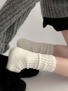 3 Pairs Women Ruffle Trim Solid Color Mid-Calf Socks, Cute And Simple, Essential For Daily Wear