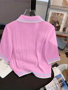 Summer Hollow Design Polo Collar Casual Collegiate Style Knit Top, Versatile & Unique - Pink - View 3