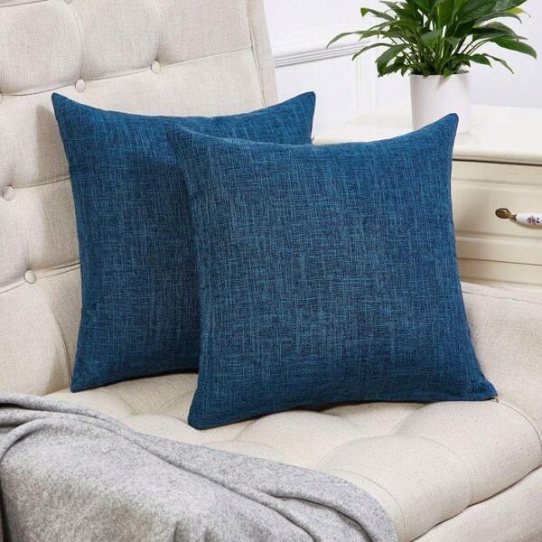 A Set Of 2 Solid-Color Linen 45*45 Cm Pillowcases, Blue Pillowcases For Home Decoration SofaLiving Room Cushion Cover