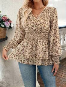 Vintage Ditsy Floral Ruffle Hem Casual Shirt, Autumn