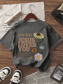 Tween Girl Slogan Print Dark Grey Crew Neck Short Sleeve T-Shirt, 1pc Summer Top Suitable For Tween Girls - Dark Grey - View 1