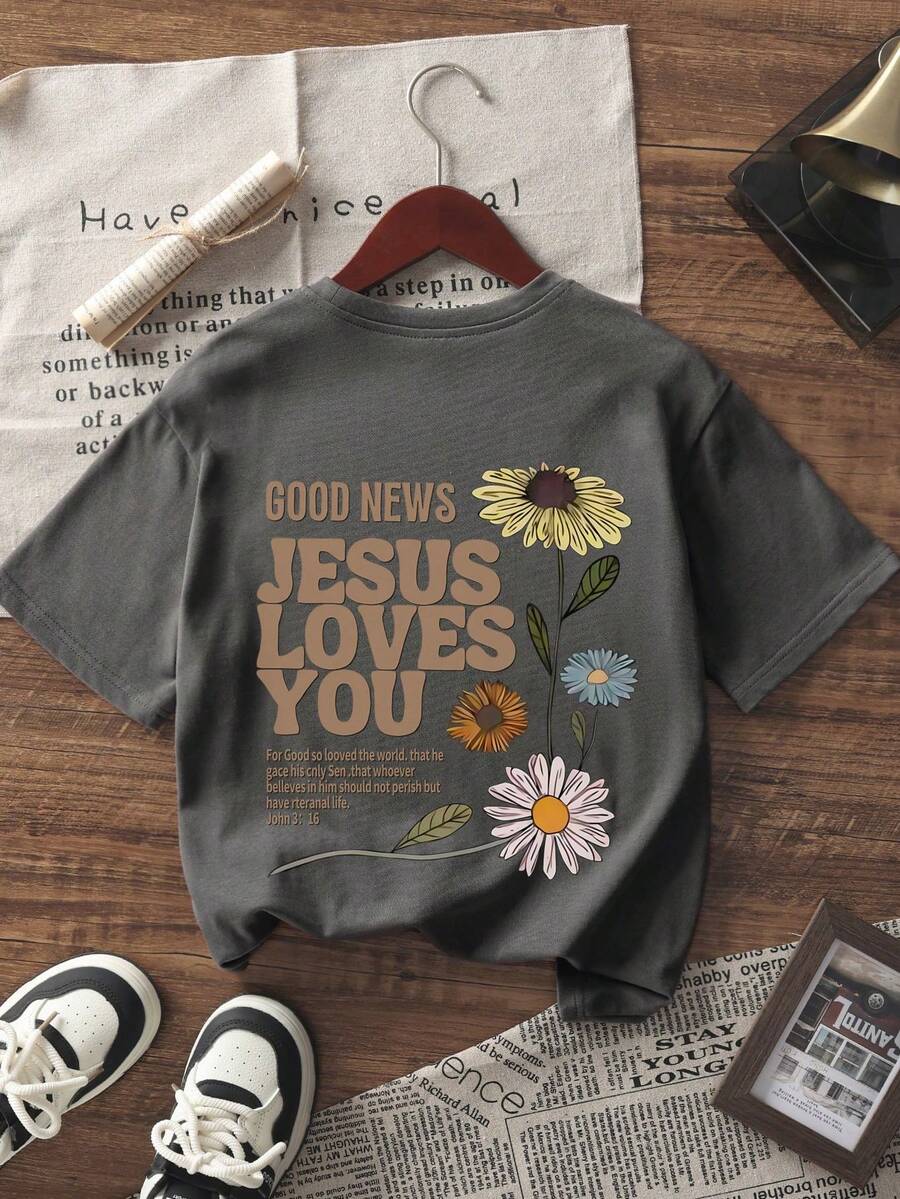 Tween Girl Slogan Print Dark Grey Crew Neck Short Sleeve T-Shirt, 1pc Summer Top Suitable For Tween Girls - Dark Grey - View 1