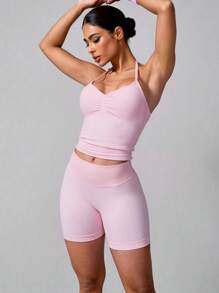 NcmRyu Women's Sexy Solid Color V-Neck Crop Top And Shorts Sports Set