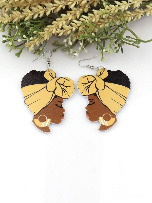 1 Pair Vintage UV-Printed Beautiful Woman & African Map Flag Pattern Wooden Earrings, Crafts DIY Jewelry Accessories, African Style Party Gifts