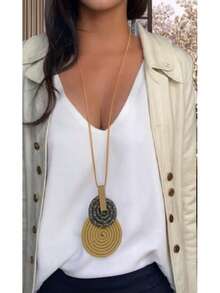 Women's Long Necklace Color Handmade Mandal Pendant - 24.芥末黃/迷彩 - 查看 1