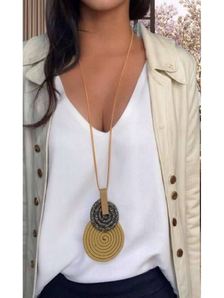 Women's Long Necklace Color Handmade Mandal Pendant - 24.芥末黃/迷彩 - 查看 1