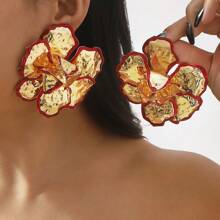 1 Pair Golden Color Enameled Big Flower Floral Statement Earring For Women