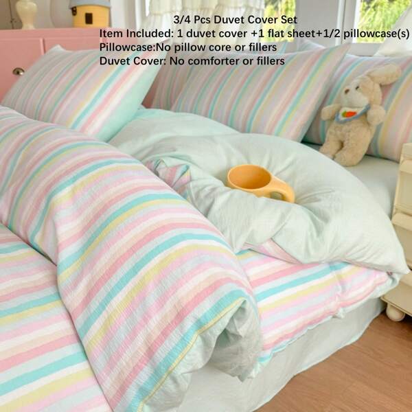 Juego de ropa de cama de 3/4 piezas en verde menta, juego de ropa de cama de rayas de verano fresco, juego de funda nórdica de poliéster suave, ropa de cama decorativa a rayas de color moderno y simple para niños (1 funda nórdica + 1 sábana + 1/2 fundas de almohada, sin relleno)
