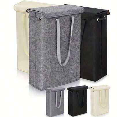 1pc Tall Narrow Hamper With Lid - Sturdy Handles, Waterproof Linen Fabric, Dirty Clothes Storage For Bathroom, Bedroom, Dorm - Space-Saving Narrow Profile For Tight Corners And Small Rooms, Easy To Carry And Durable Laundry Basket For Daily Use, Lightweight Yet Robust, Versatile Laundry Organizer For Home, Closet, Laundry Room