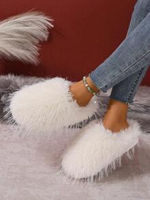 New Women Fluffy Slippers Soft Comfortable Indoor Slippers Lightweight Cute Outdoor Slip-On Fashionable Solid Color Ladies Mules - White - View 3