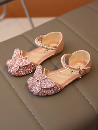 1 Pair Fashion Versatile Pink Girl Pearl & Rhinestone Bow Decor Cute Flat Sandals, Round Toe, Suitable For Daily Wear, Dancing, Outdoor In Spring And Autumn, Glitter Decoration Closed Toe Princess Shoes, Run Small By Half Size