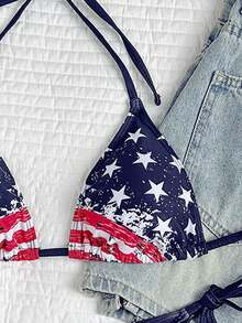 Sexy Women's Halter Backless Lace Up Bikini Set With American Flag Print For Summer Beach Wear - Navy Blue - View 4