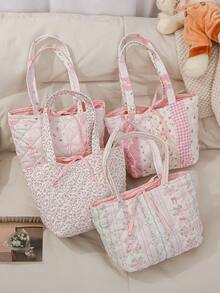 1 件绗缝女士迷你手提包粉色蝴蝶结印花购物手提包清新碎花午餐包非隔热午餐包食品收纳包大容量单肩包轻便旅行化妆品收纳包花卉化妆包