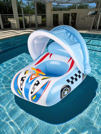 1 قطعة طوق سباحة قابل للنفخ على شكل قارب سيارة مع مظلة، طوق طفو تحت الذراع، طوق طفو مائي، مناسب للاستخدام في الخارج في الشاطئ والحفلات المائية، ضروريات الشاطئ، اكسسوارات الشاطئ