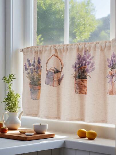 1pc Lavender Flower Pot Print Hanging Curtain, Countryside Style Lavender Printed Decorative Curtain Suitable For Kitchen Cabinet, Bay Window, Doorway, Room Divider, Home Decor