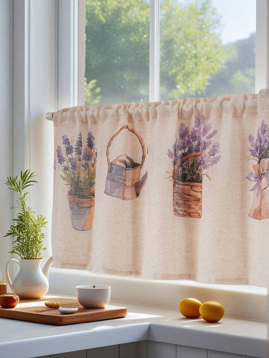 1pc Lavender Flower Pot Print Hanging Curtain, Countryside Style Lavender Printed Decorative Curtain Suitable For Kitchen Cabinet, Bay Window, Doorway, Room Divider, Home Decor - Purple - View 1