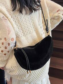 1 Túi đeo vai vải da lộn màu trơn cho nữ, Túi đeo vai hình lưỡi liềm thời trang cổ điển có khóa kéo, Thích hợp sử dụng hàng ngày và đi chơi, Túi xách nữ phong cách cổ điển, Túi da lộn giả thời trang thu đông mới cho nữ, Thích hợp cho trang phục mùa thu đông - màu đen - Xem 6