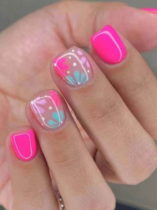 24 Stücke minimalistische Blumen Design Nageltips zum Aufkleben, stilvolle und süße kurze quadratische glänzende Nagelstreifen, geeignet für Frauen & Mädchen für den Alltag, Dates, Partys und Lässig, schmeichelhaftes hell-blau & rosa, vielseitig für alle Jahreszeiten