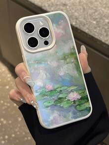 1 Stück Öl-Gemälde Lotus Muster Litschi Struktur Sturz-und rutschfeste weiche Handyhülle Schutzhülle, geeignet für Redmi und andere Smartphones, wasserdicht, stoßfest, kratzfest