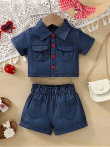 H HIBOBI 2 peças/Conjunto Top Utilitária Azul de Manga Curta & Shorts Peplum para Menina Jovem, Primavera/Verão