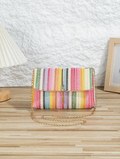 Bolsa tiracolo diagonal multicolorida fofa, bolsa quadrada com estampa de arco-íris, bolsa para presente