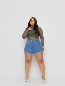 Short jeans Plus Size Feminino Crochê C/ Lycra  Desfiado - Azul-claro - Visão 5