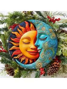 1pc 8-Inch Round 2D Metal Sun And Moon Face Wall Art Decor, Creative Home Decoration Gifts For Living Room, Bedroom, Bathroom, Garage, Bar, Cafe - Holiday Art Decor Style, Random Orientation Of Hanging Holes - Multicolor - View 3