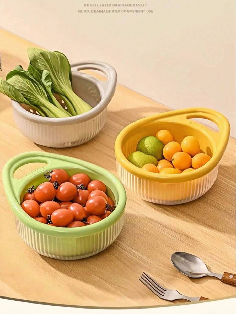 塑料水果清洗篮蔬菜清洗滤锅过滤器，厨房水果蔬菜篮，家用带隔层的农产品储存篮 - 彩色 - 查看 1