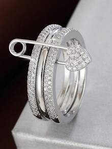 1pc Fashionable & Elegant Heart-Shaped Connected Triple-Ring Women's Ring Inlaid With Artificial Zirconia - Multicolor - View 7