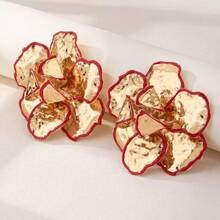 1 Pair Golden Color Enameled Big Flower Floral Statement Earring For Women