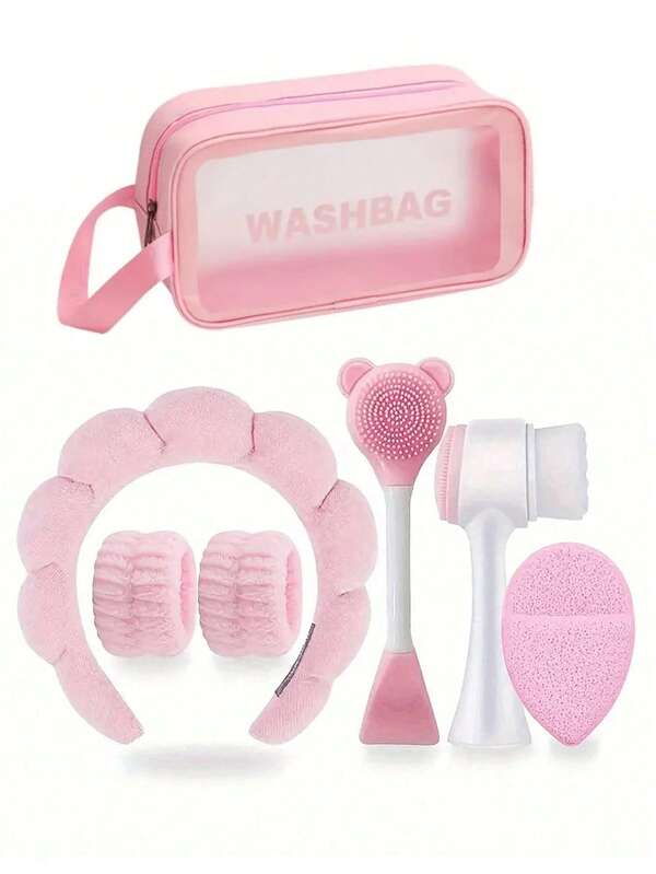 7-teiliges Gesichtsreinigungsset, Tiefenreinigendes Beauty Spa Masken Bürsten Set, Haargummis, Silikon Gesichtsreinigungsbürste, Samthaarband, sanfte Pelingbürste, tragbares Hautpflege-Set mit Wäschebeutel für Frauen, Ideales Weihnachtsgeschenk, Parfümfrei, Ohne Strom/Batterie