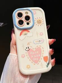 Funda con estampado de manzana de 1 pieza y eslogan para iPhone 11 12 13 14 Pro Max 15 16 Pro Max, de color blanco y arcoíris, con un diseño de cara sonriente y soleado