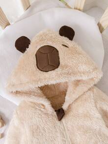 1pc Newborn Baby Boy Cute Bear Design Contrast Color Hooded Zipper Long Sleeve Romper, Comfortable Outfit For Infant