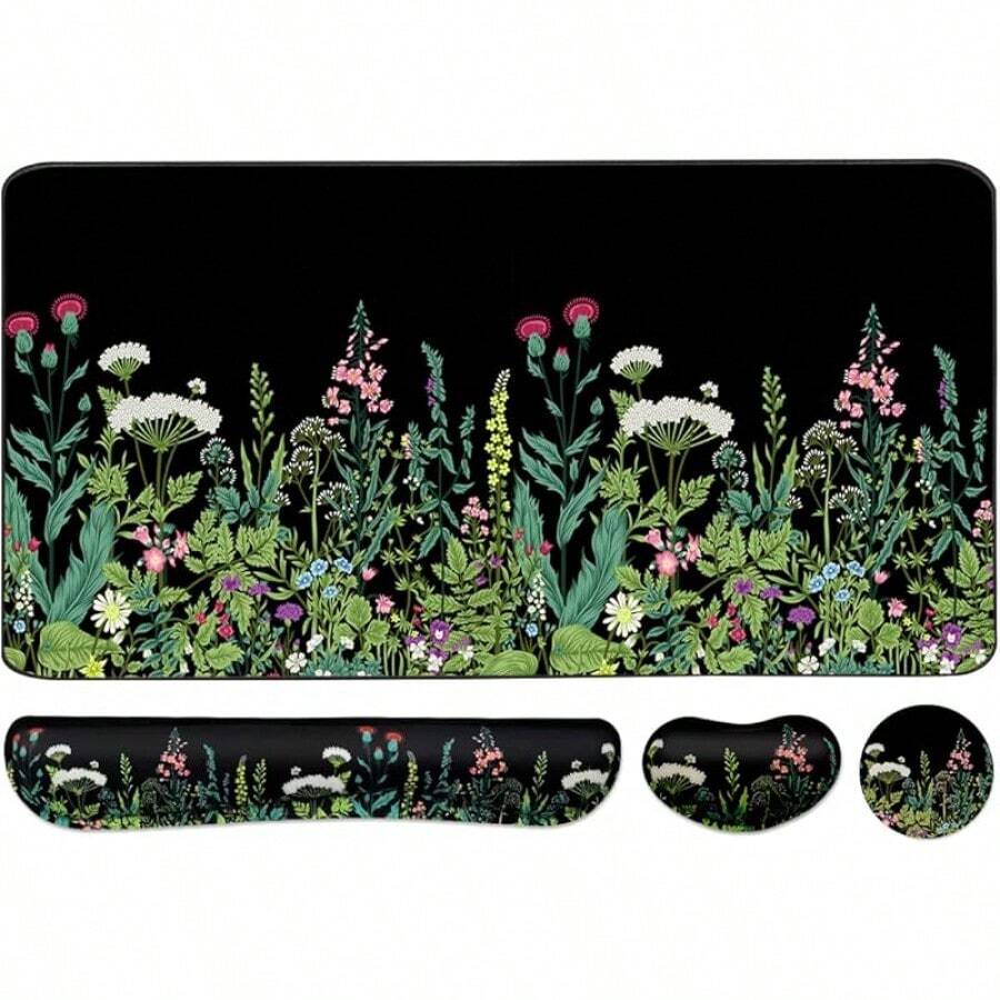 Large Mouse Pad Desk Dad, 4-In-1 Keyboard Wrist Rest Pad & Wrist Support Mouse Pad Set, Extended Desk Pad Waterproof Desk Home Office Study Game-Blue Marble - Weeds - View 1