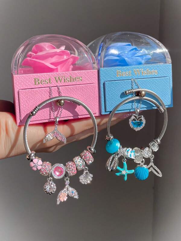 2 Pezzi Set Collana e Bracciale in Acciaio Inossidabile - Collana con Zirconi Incassati e Ciondolo a Forma di Pesce e Stella Marina, Braccialetto Regolabile con Perline, Regalo per le Vacanze