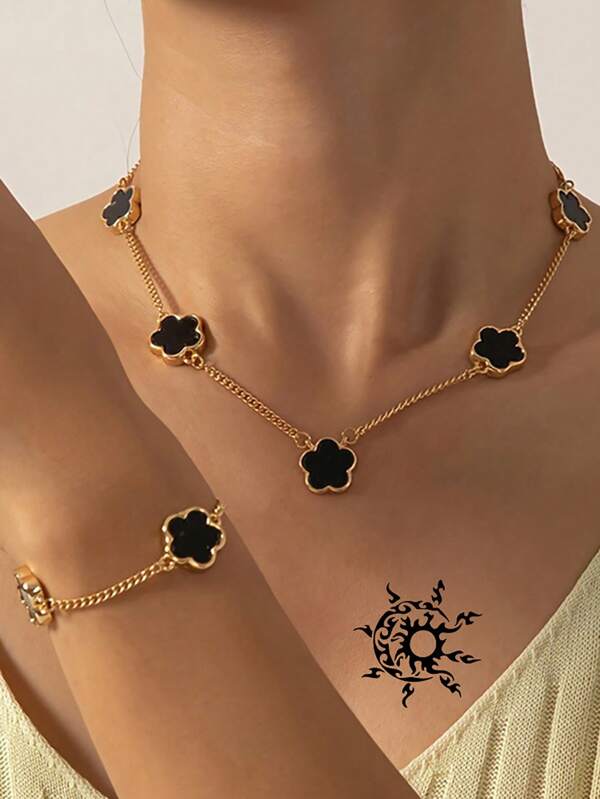 2pcs Clover Necklace And Bracelet Set, Unisex Minimalist Lucky Flower Jewelry, Suitable For Daily Wear, Dates, Gatherings, Birthdays, Christmas, Valentine's Day, New Year, Holiday Gifts